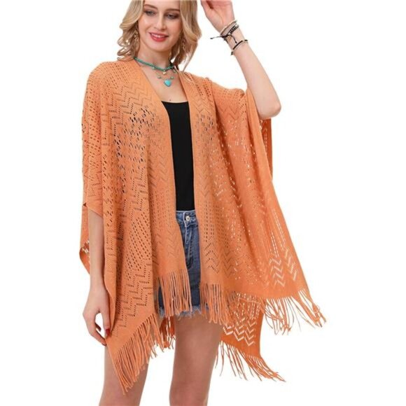 Knit Shawl Wrap - Fringe Poncho Cardigan Cape Orange - Picture 1 of 7